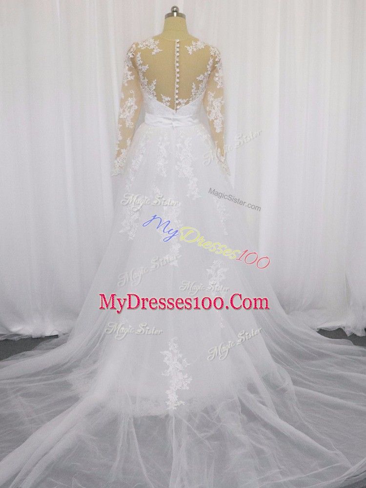 Inexpensive White Long Sleeves Tulle Court Train Clasp Handle Wedding Dress for Wedding Party