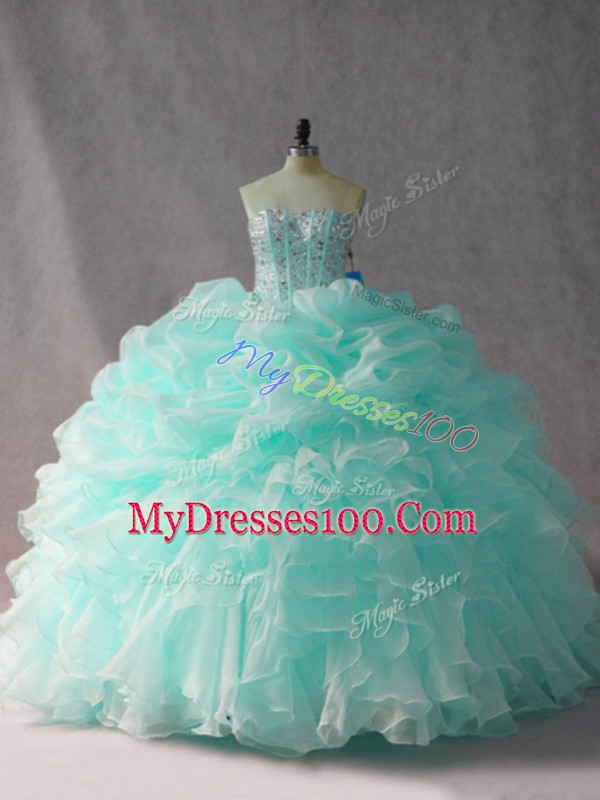 Fitting Side Zipper Quinceanera Gowns Apple Green for Sweet 16 and Quinceanera with Beading and Ruffles and Pick Ups Brush Train