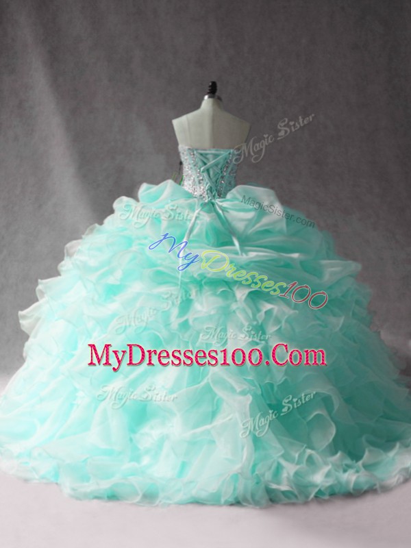 Fitting Side Zipper Quinceanera Gowns Apple Green for Sweet 16 and Quinceanera with Beading and Ruffles and Pick Ups Brush Train