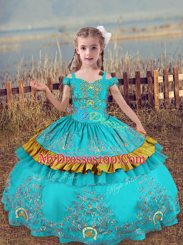 Aqua Blue Lace Up Off The Shoulder Beading and Embroidery Little Girl Pageant Dress Satin Sleeveless