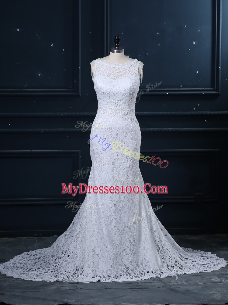 White Scoop Backless Lace Wedding Dress Brush Train Sleeveless