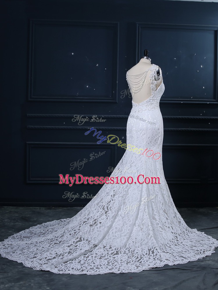 White Scoop Backless Lace Wedding Dress Brush Train Sleeveless