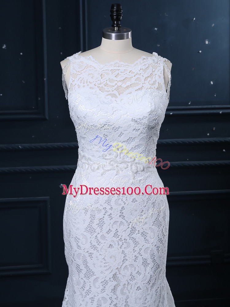 White Scoop Backless Lace Wedding Dress Brush Train Sleeveless