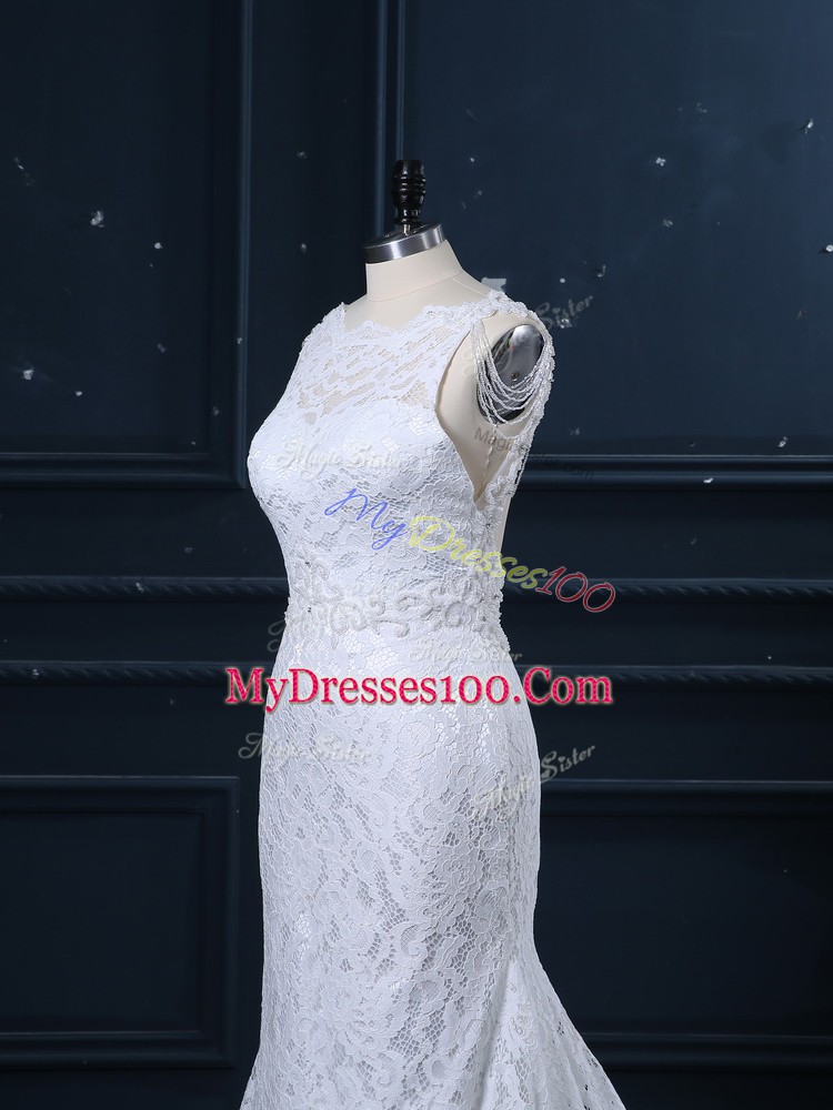 White Scoop Backless Lace Wedding Dress Brush Train Sleeveless