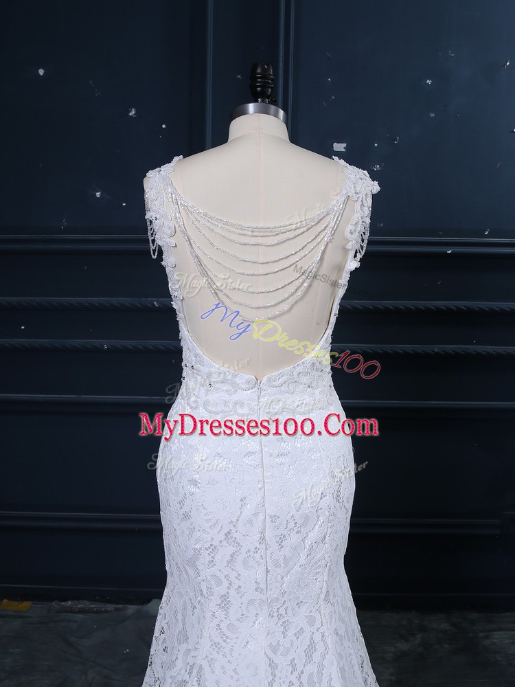 White Scoop Backless Lace Wedding Dress Brush Train Sleeveless