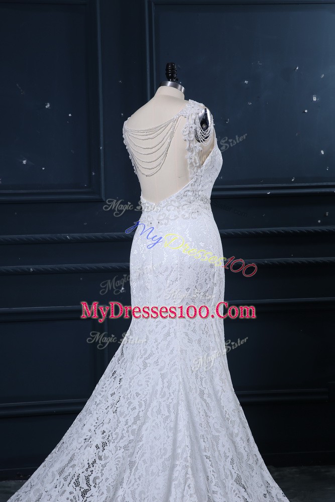 White Scoop Backless Lace Wedding Dress Brush Train Sleeveless