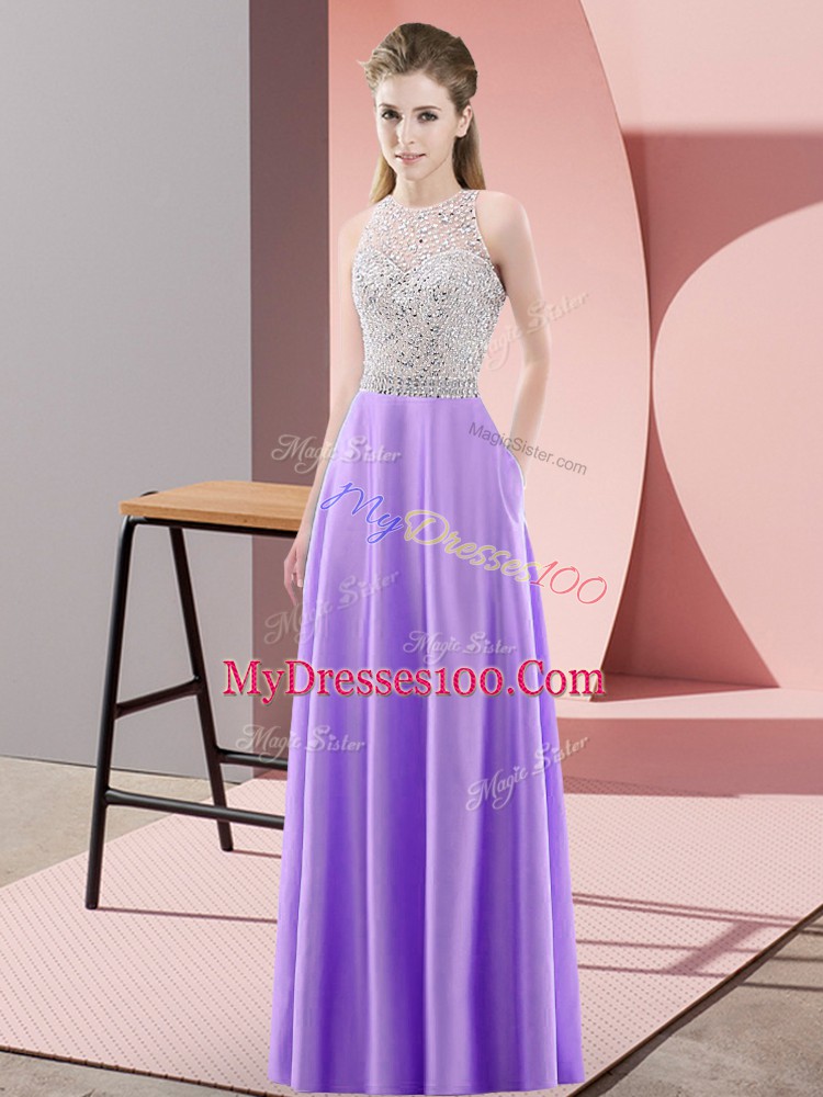 Floor Length Lavender Prom Homecoming Dress Satin Sleeveless Beading