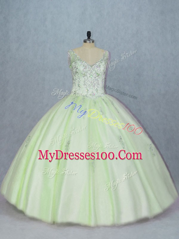 Free and Easy Yellow Green Ball Gowns Tulle V-neck Sleeveless Beading Lace Up Sweet 16 Quinceanera Dress