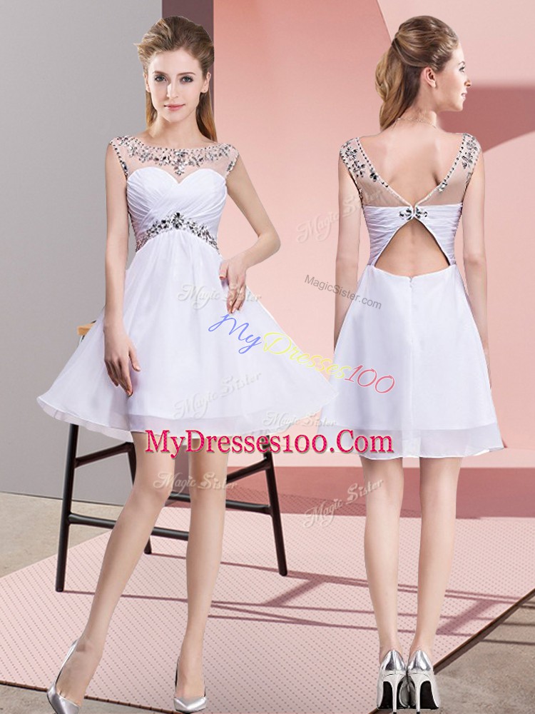 White Backless Prom Gown Beading Sleeveless Mini Length