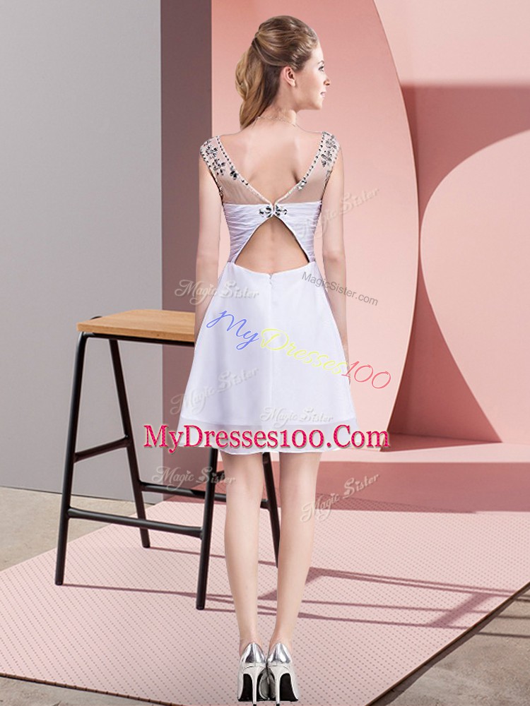 White Backless Prom Gown Beading Sleeveless Mini Length