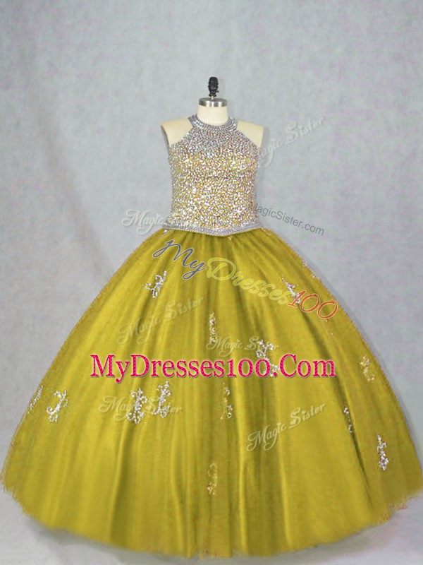 Sleeveless Beading and Appliques Lace Up Ball Gown Prom Dress