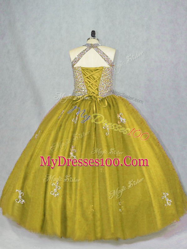 Sleeveless Beading and Appliques Lace Up Ball Gown Prom Dress