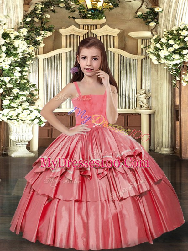 Coral Red Sleeveless Floor Length Ruffled Layers Lace Up Little Girls Pageant Gowns