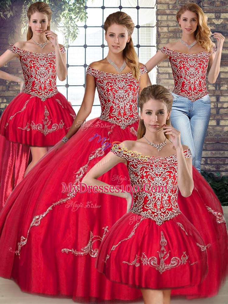 Dynamic Red Lace Up Off The Shoulder Beading and Embroidery Quinceanera Dresses Tulle Sleeveless