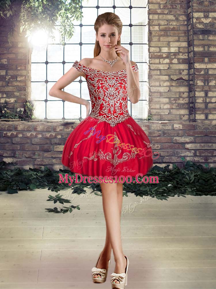 Dynamic Red Lace Up Off The Shoulder Beading and Embroidery Quinceanera Dresses Tulle Sleeveless