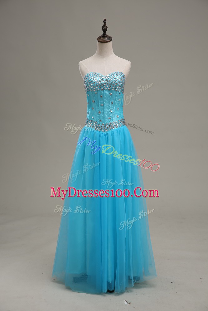 Perfect Floor Length Aqua Blue Evening Dress Tulle Sleeveless Beading