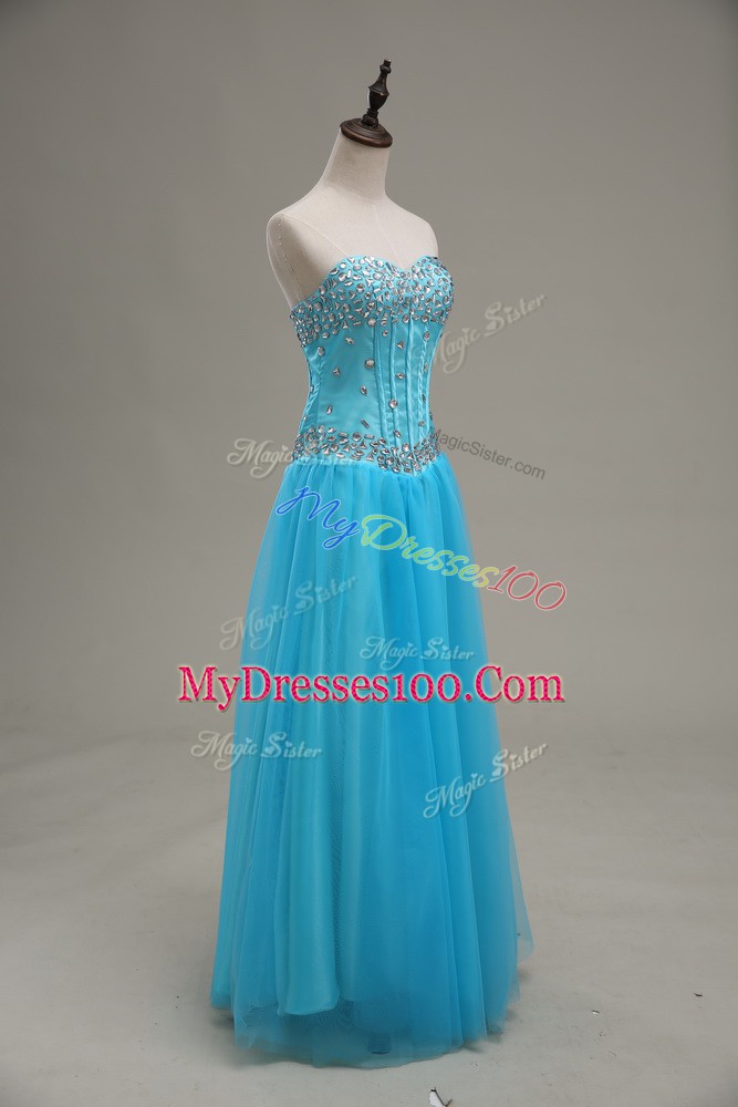 Perfect Floor Length Aqua Blue Evening Dress Tulle Sleeveless Beading