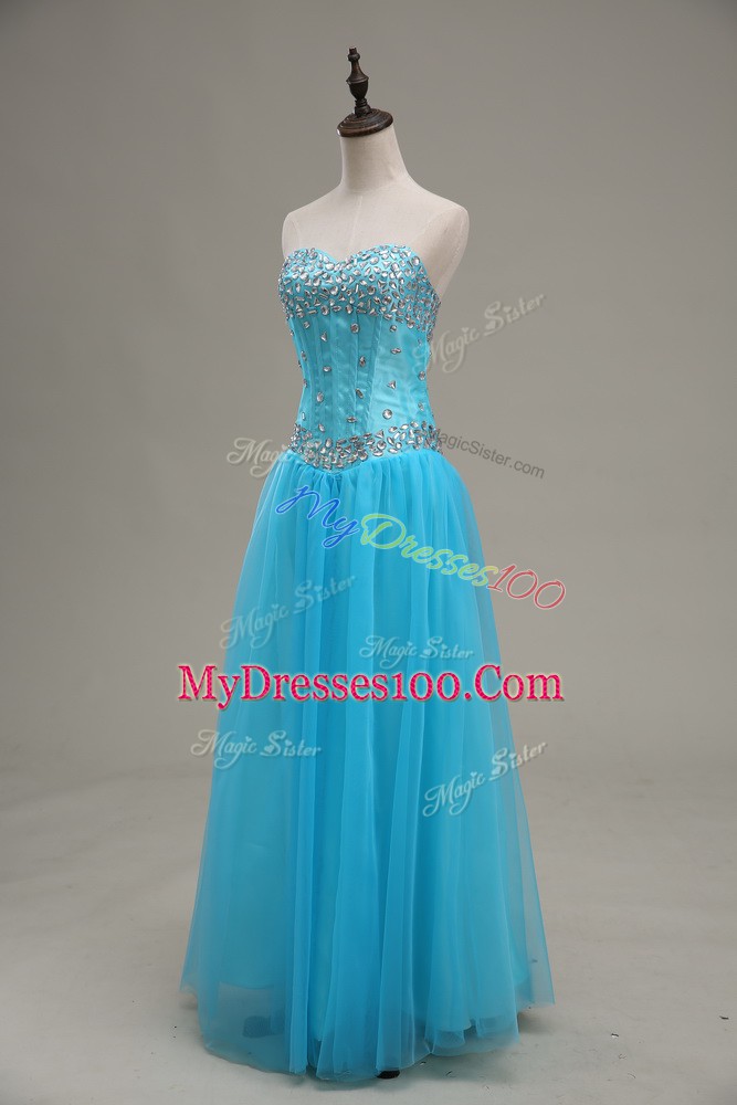 Perfect Floor Length Aqua Blue Evening Dress Tulle Sleeveless Beading