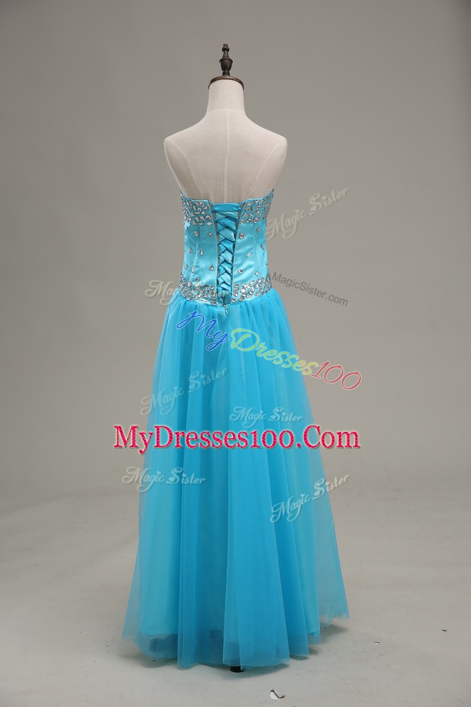 Perfect Floor Length Aqua Blue Evening Dress Tulle Sleeveless Beading