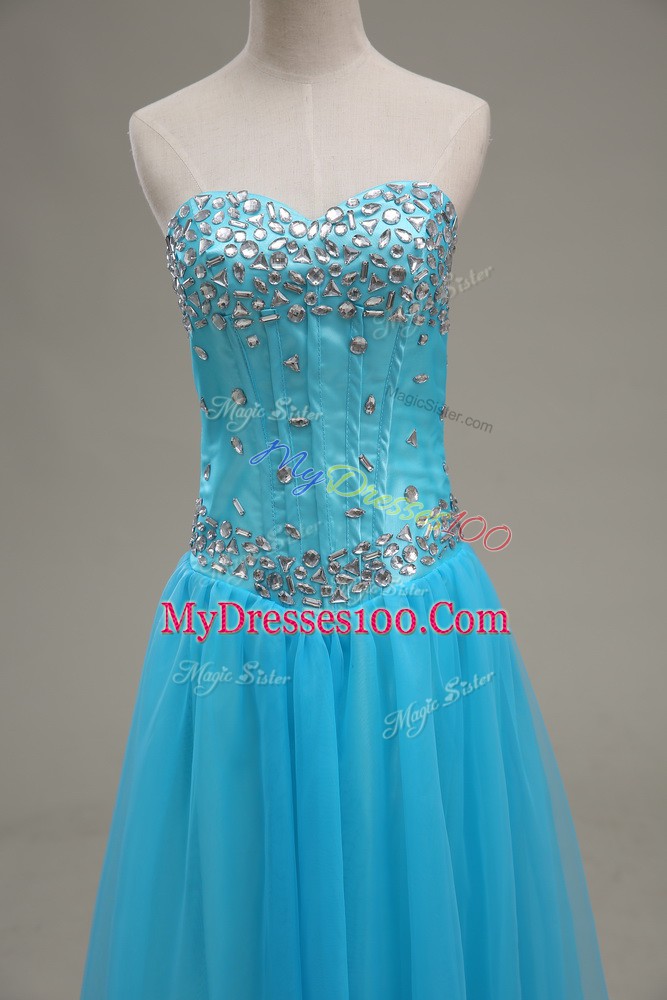 Perfect Floor Length Aqua Blue Evening Dress Tulle Sleeveless Beading