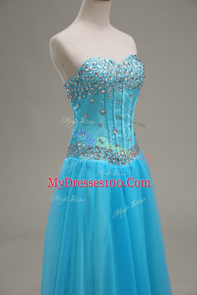 Perfect Floor Length Aqua Blue Evening Dress Tulle Sleeveless Beading