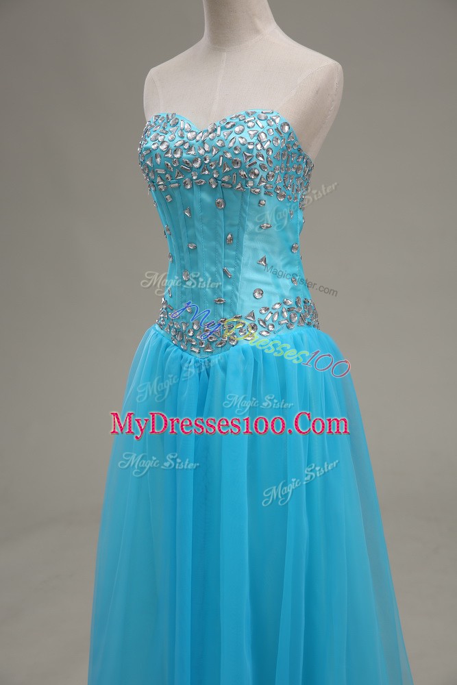 Perfect Floor Length Aqua Blue Evening Dress Tulle Sleeveless Beading