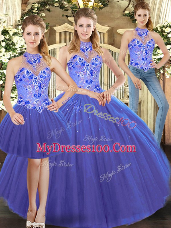 Blue Halter Top Neckline Embroidery Quince Ball Gowns Sleeveless Lace Up