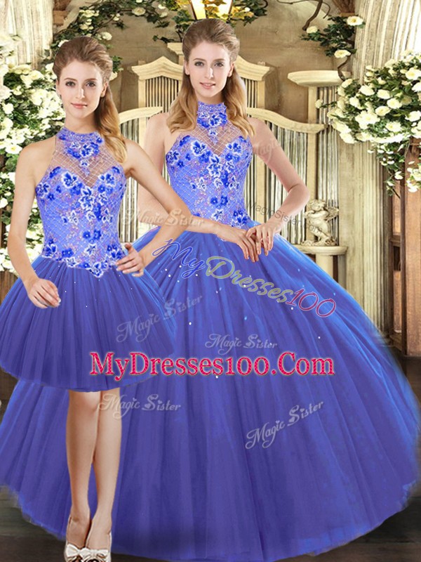 Blue Halter Top Neckline Embroidery Quince Ball Gowns Sleeveless Lace Up