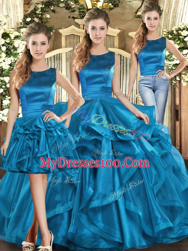 Charming Floor Length Teal Quinceanera Dress Organza Sleeveless Ruffles