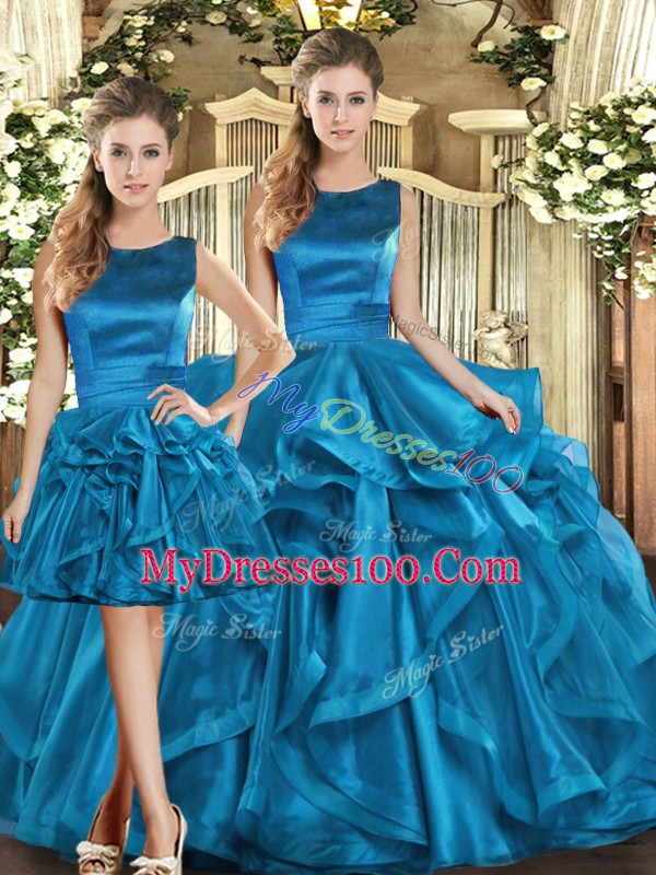 Charming Floor Length Teal Quinceanera Dress Organza Sleeveless Ruffles