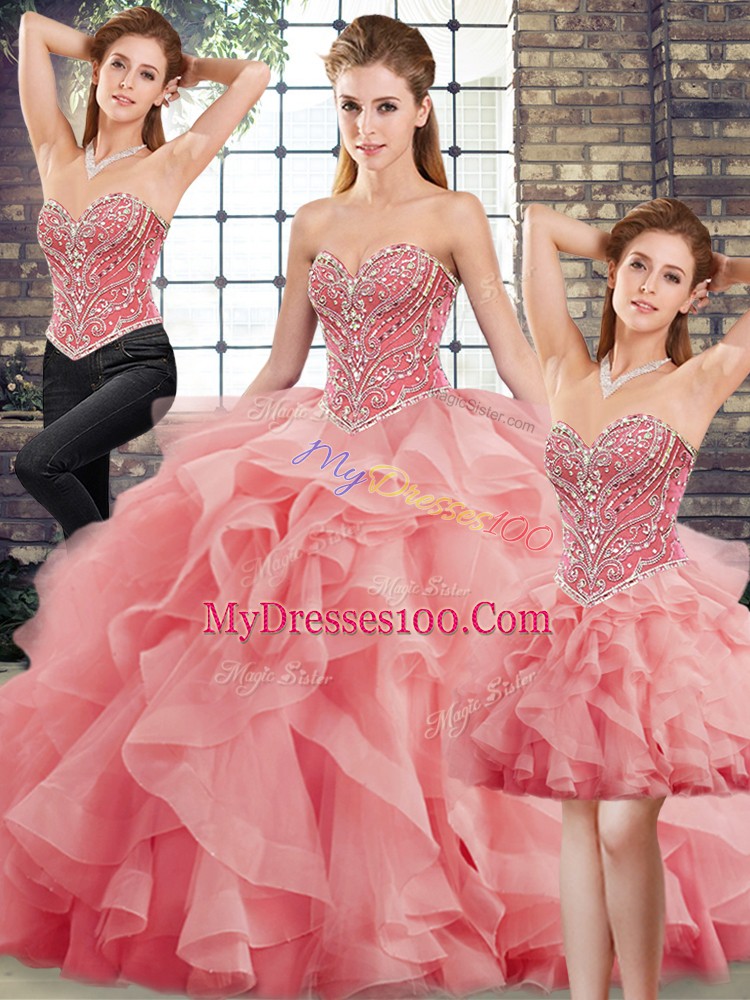 Watermelon Red Sleeveless Beading and Ruffles Lace Up Sweet 16 Quinceanera Dress