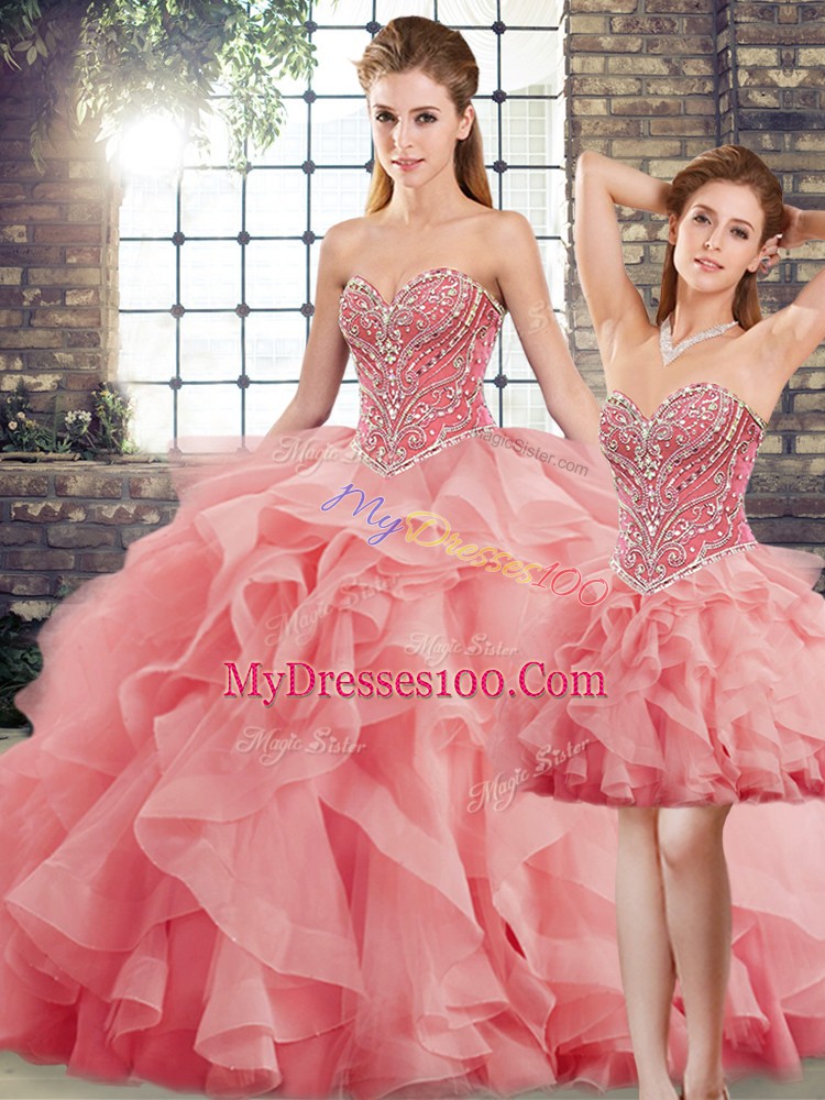 Watermelon Red Sleeveless Beading and Ruffles Lace Up Sweet 16 Quinceanera Dress