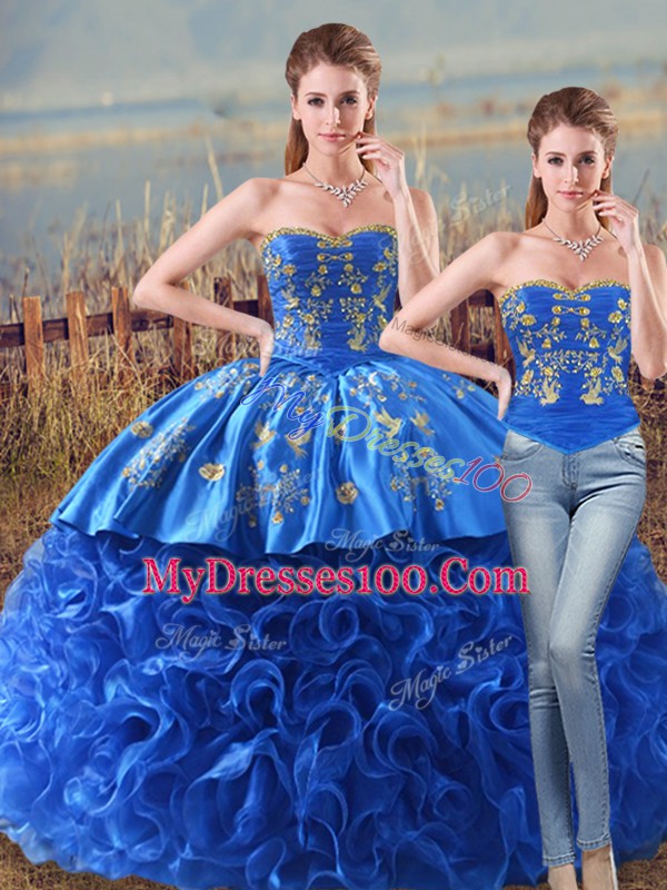 Royal Blue Sweetheart Neckline Embroidery and Ruffles Quinceanera Gowns Sleeveless Lace Up