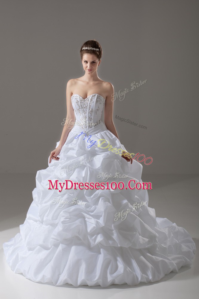 Top Selling White Taffeta Lace Up Wedding Dress Sleeveless Brush Train Beading and Pick Ups