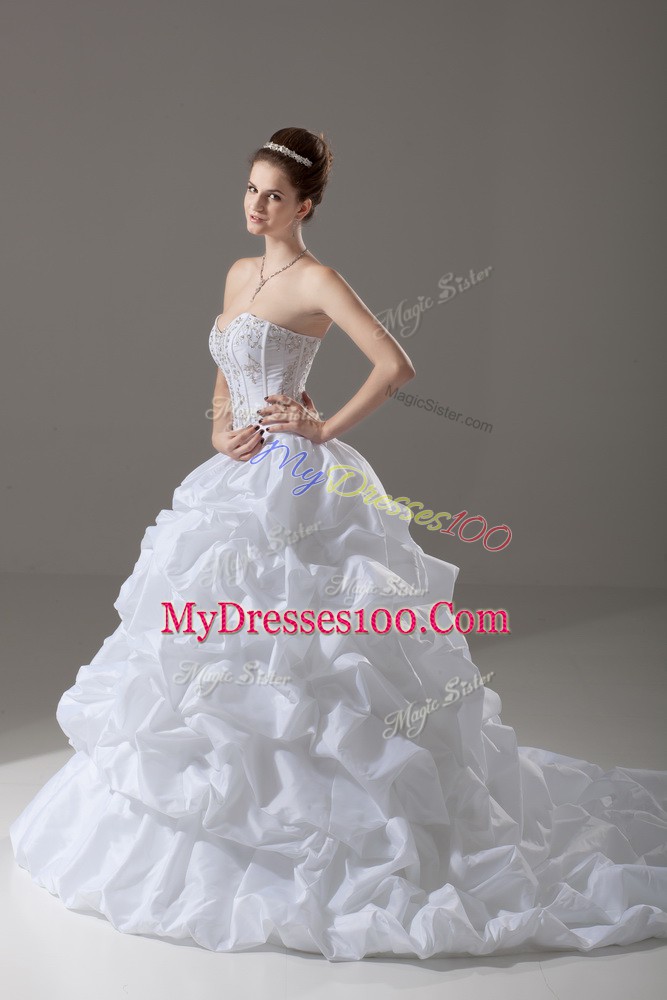Top Selling White Taffeta Lace Up Wedding Dress Sleeveless Brush Train Beading and Pick Ups