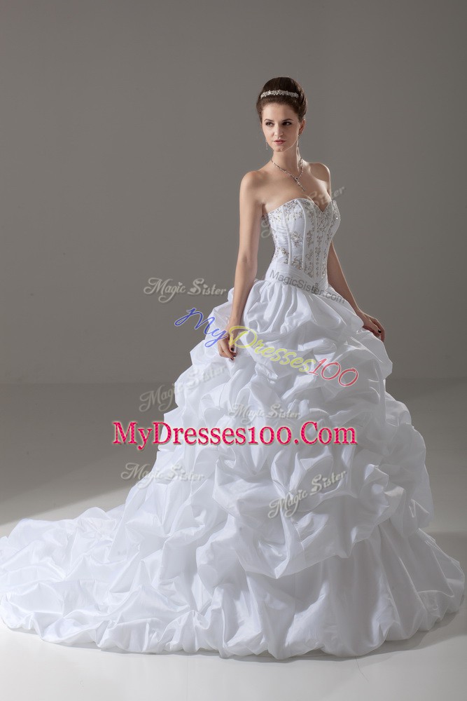 Top Selling White Taffeta Lace Up Wedding Dress Sleeveless Brush Train Beading and Pick Ups