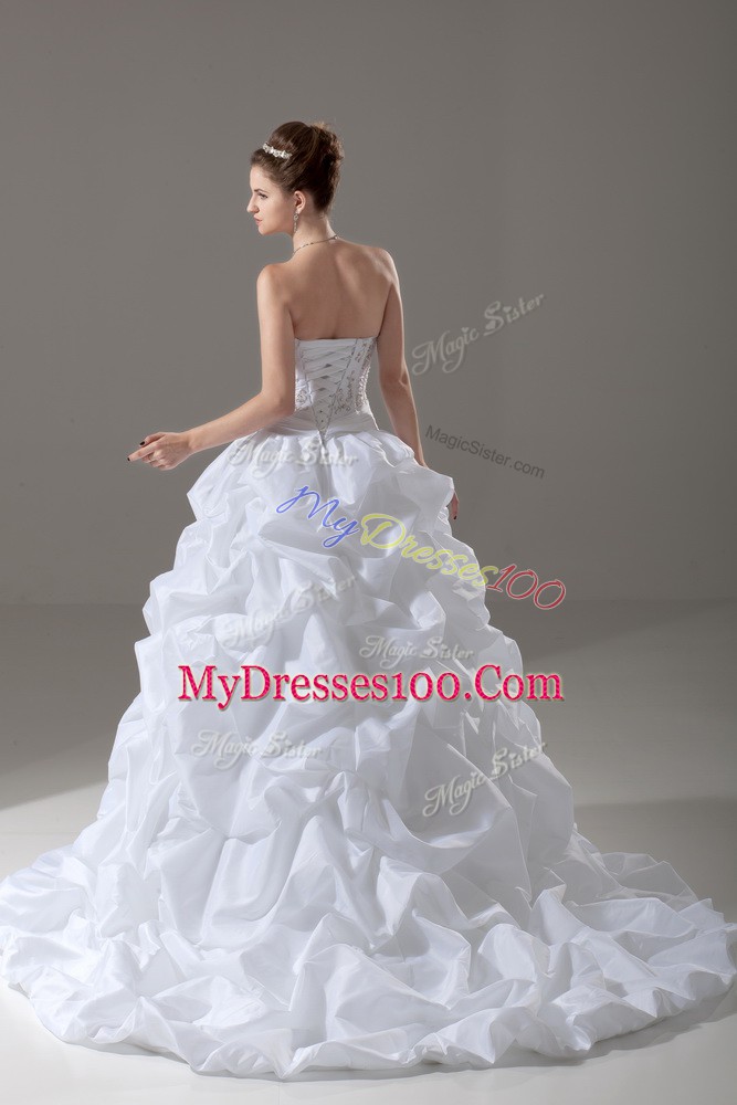 Top Selling White Taffeta Lace Up Wedding Dress Sleeveless Brush Train Beading and Pick Ups