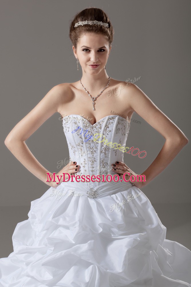 Top Selling White Taffeta Lace Up Wedding Dress Sleeveless Brush Train Beading and Pick Ups