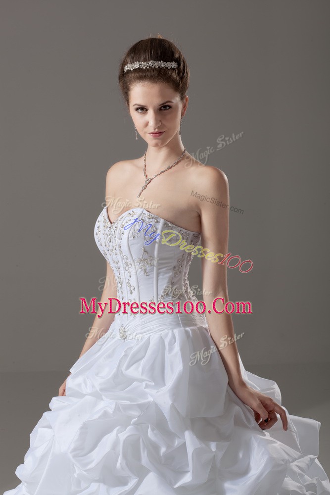 Top Selling White Taffeta Lace Up Wedding Dress Sleeveless Brush Train Beading and Pick Ups