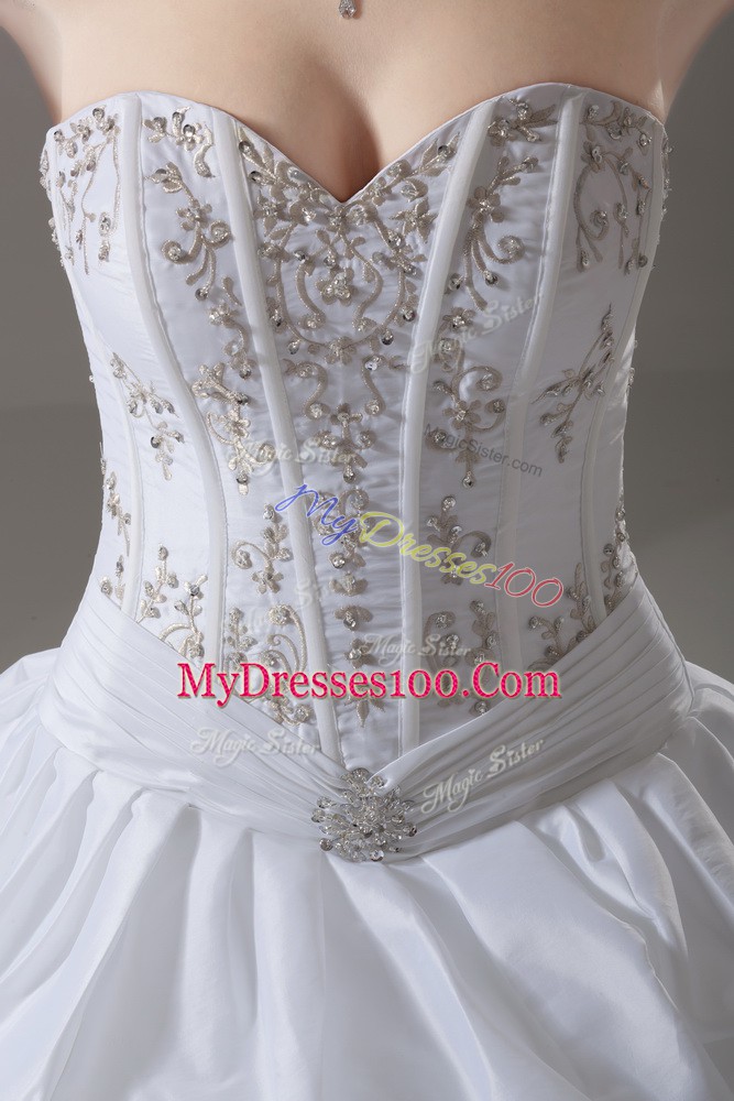 Top Selling White Taffeta Lace Up Wedding Dress Sleeveless Brush Train Beading and Pick Ups