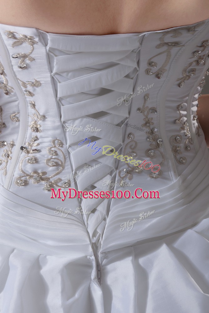 Top Selling White Taffeta Lace Up Wedding Dress Sleeveless Brush Train Beading and Pick Ups