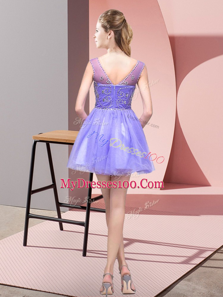Lilac Zipper Bateau Beading Dress for Prom Tulle Sleeveless