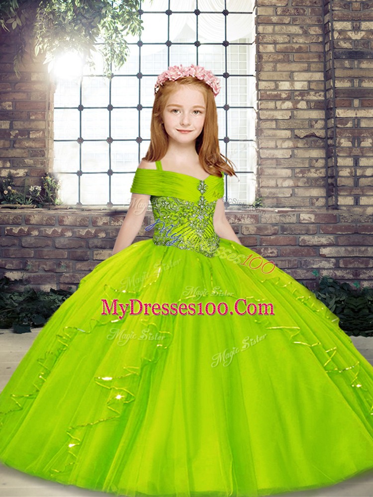Ball Gowns Beading Little Girl Pageant Gowns Lace Up Tulle Sleeveless Floor Length