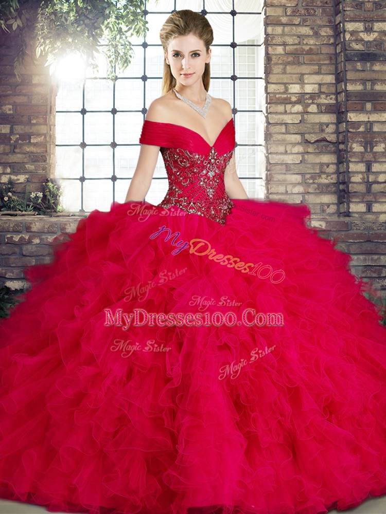 Designer Red Tulle Lace Up Off The Shoulder Sleeveless Floor Length Ball Gown Prom Dress Beading and Ruffles