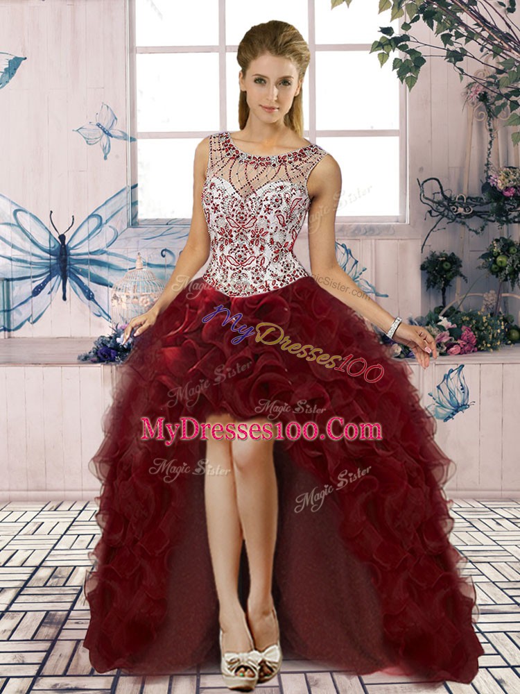Pretty Burgundy Organza Lace Up Prom Dress Sleeveless High Low Beading and Ruffles