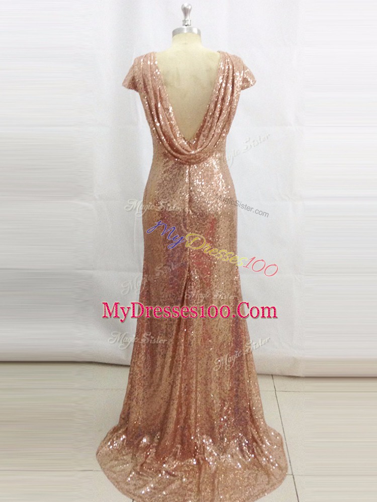 Sequined Short Sleeves Prom Evening Gown Brush Train and Sequins