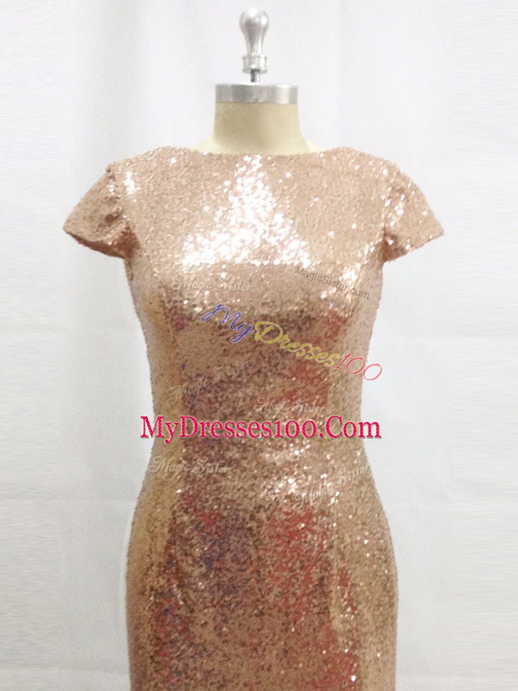 Sequined Short Sleeves Prom Evening Gown Brush Train and Sequins