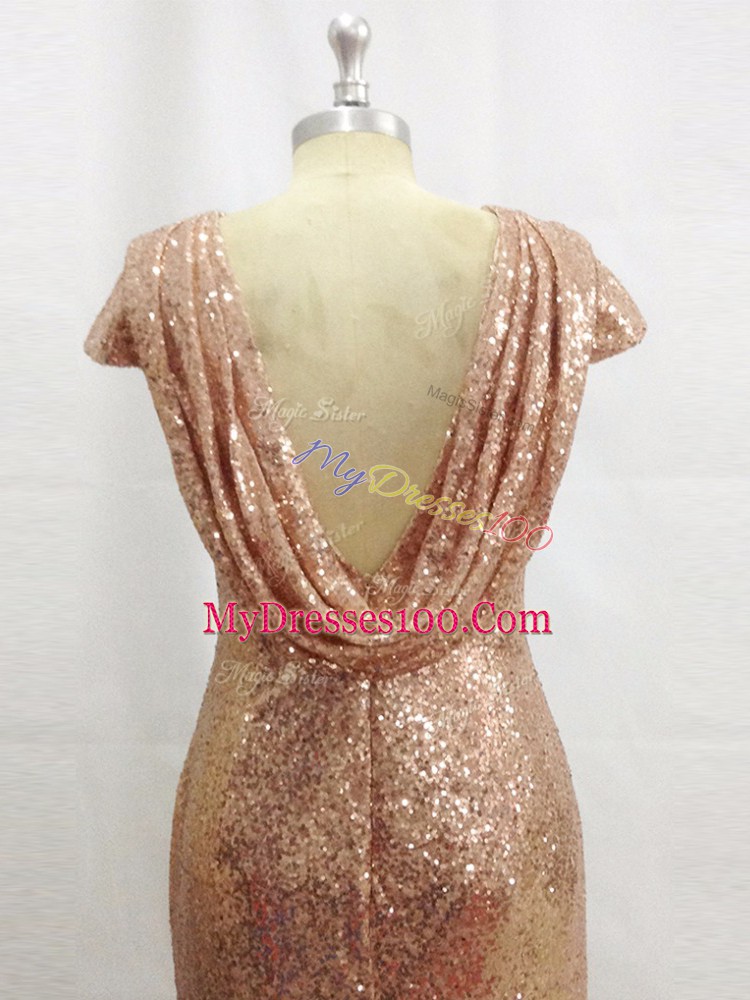 Sequined Short Sleeves Prom Evening Gown Brush Train and Sequins