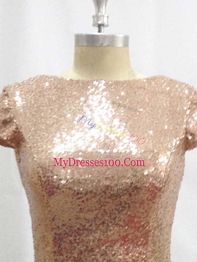 Sequined Short Sleeves Prom Evening Gown Brush Train and Sequins