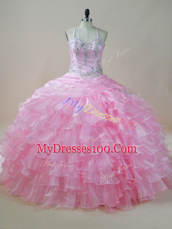 Fashion Baby Pink Lace Up Halter Top Embroidery and Ruffled Layers Bridesmaid Dresses Organza Sleeveless